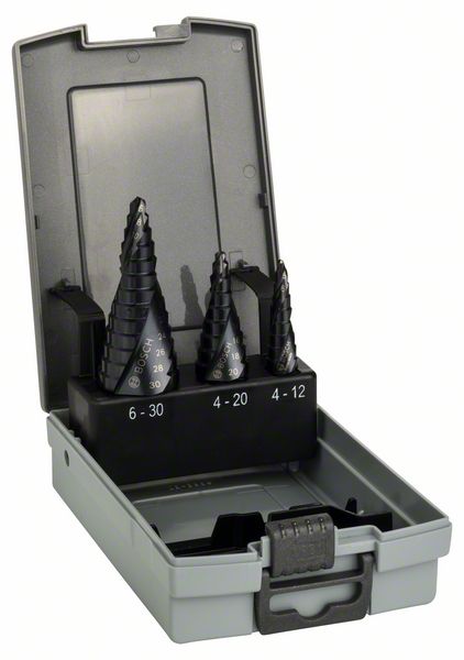 3-dielna súprava stupnovitých vrtákov HSS-AlTiN 4-12; 4-20; 6-30 mm
